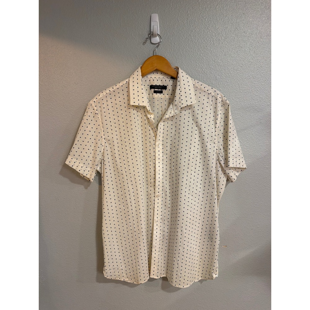 John Varvatos USA Button Down Men XL White Navy Geometric Slim Fit Short Sleeve